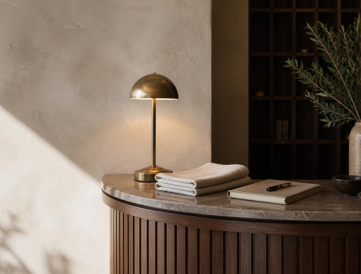 Hotel front desk detail with brass lamp and folded linen