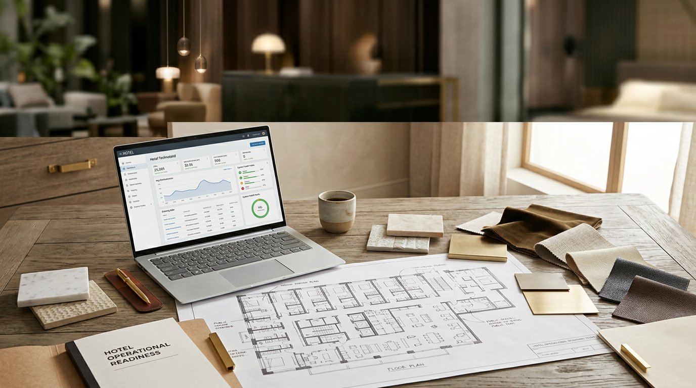 Hotel pre-opening planning with floor plans, material samples and technology dashboard